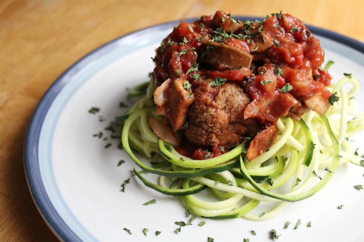 vegan meatballs and bolognese sauce with zucchini noodles.