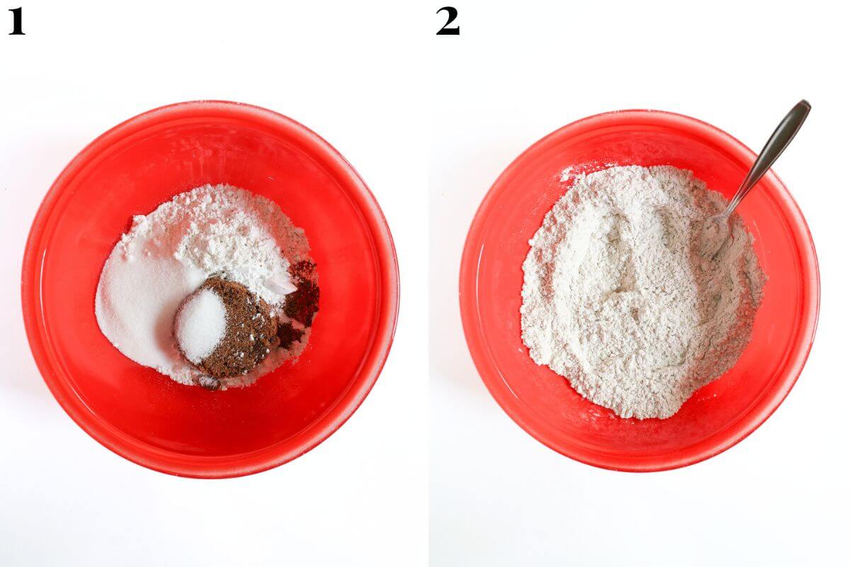 steps 1 and 2 mixing together dry quick bread ingredients.