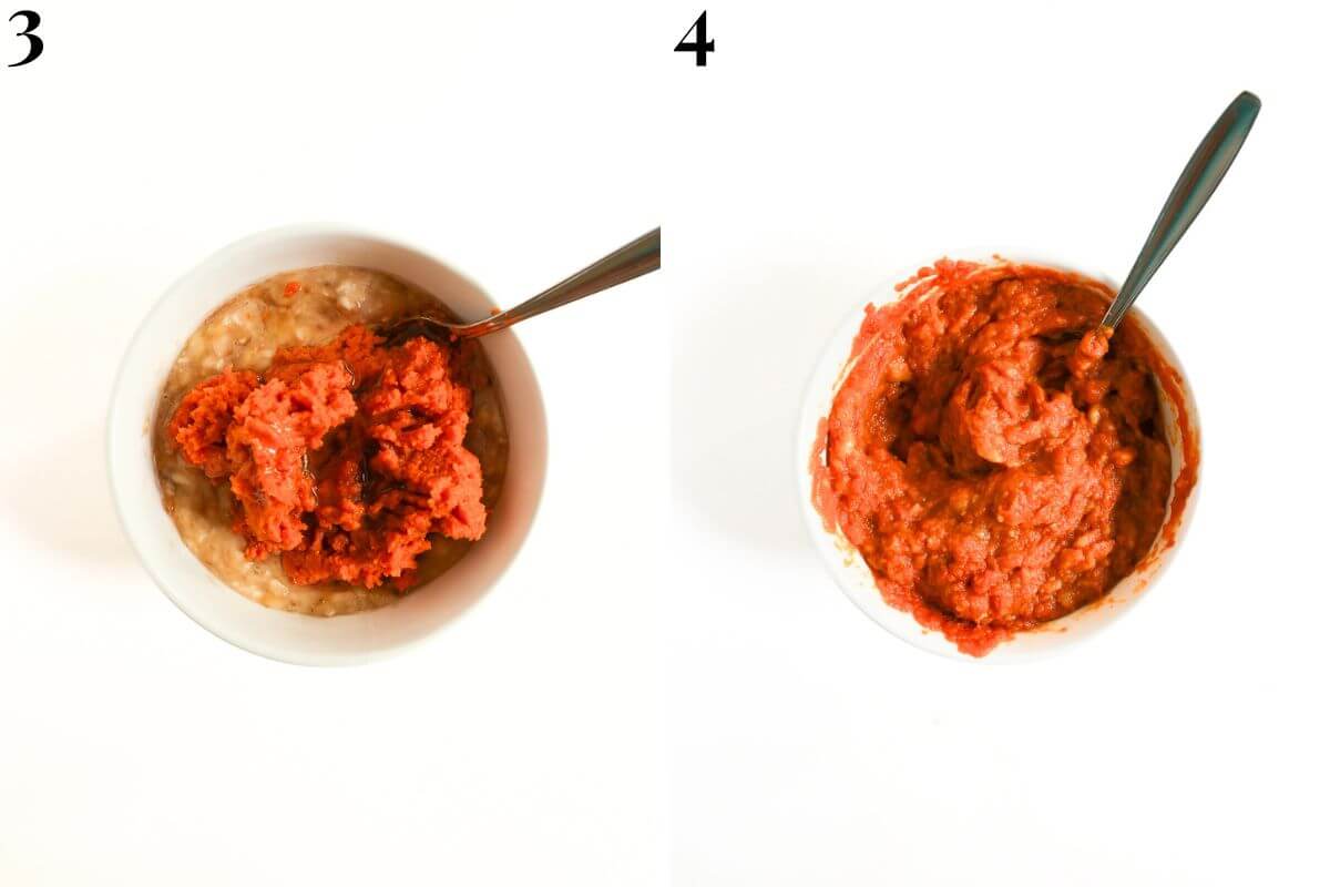 steps 3 and 4 mixing together banana and pumpkin.