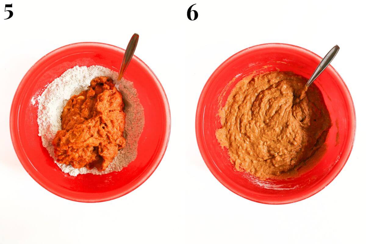steps 5 and 6 adding wet ingredients to dry ingredient bowl.