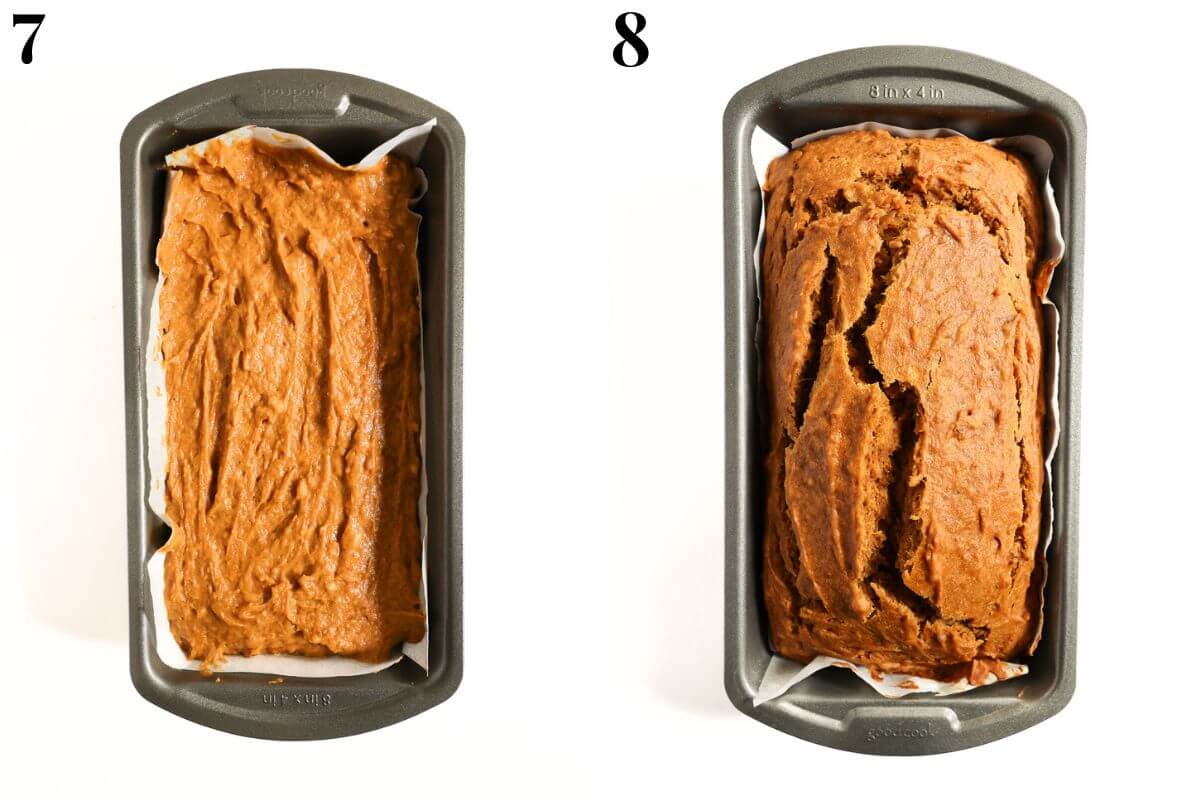 steps 7 and 8 adding batter to loaf pan and baking.