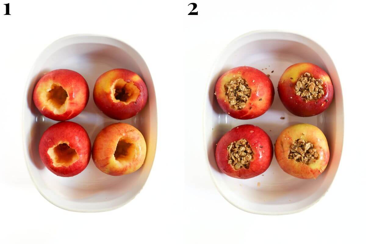 steps 1 and 2 coring apples and stuffing with gluten-free granola.