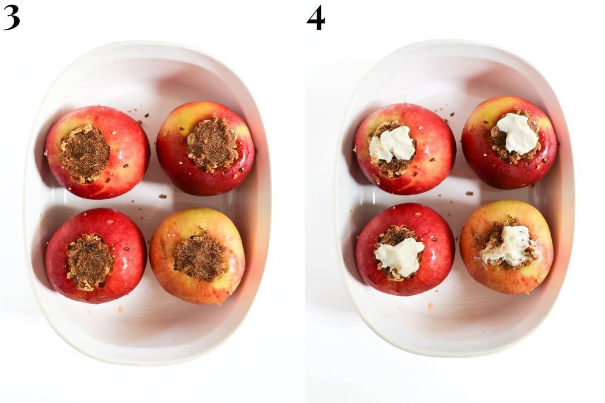 steps 3 and 4 topping apples with brown sugar and vegan butter.
