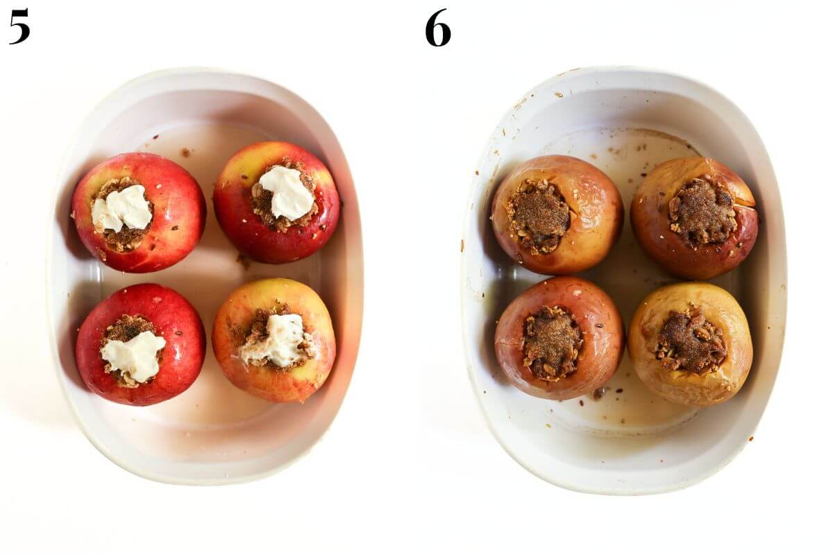 steps 5 and 6 adding liquid to baking dish and baking stuffed baked apples in oven.