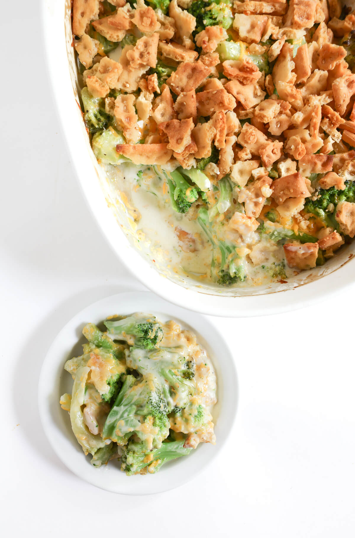 vegan broccoli casserole with single serving plate.