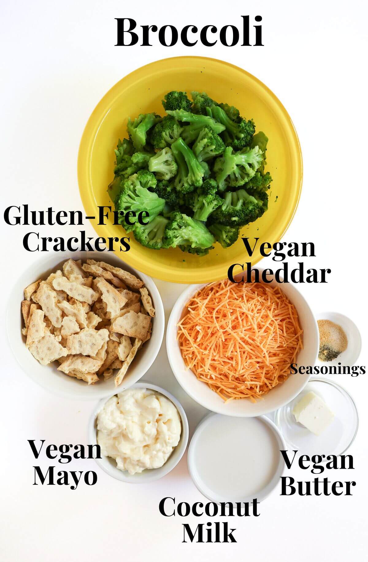 ingredients for easy vegan broccoli casserole recipe.
