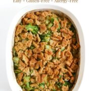 vegan broccoli casserole with image text.