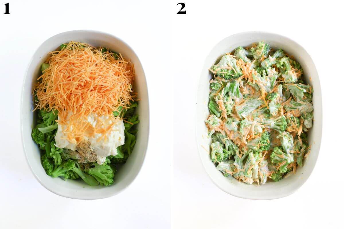 steps 1 and 2 making vegan broccoli casserole by mixing all ingredients in casserole dish.