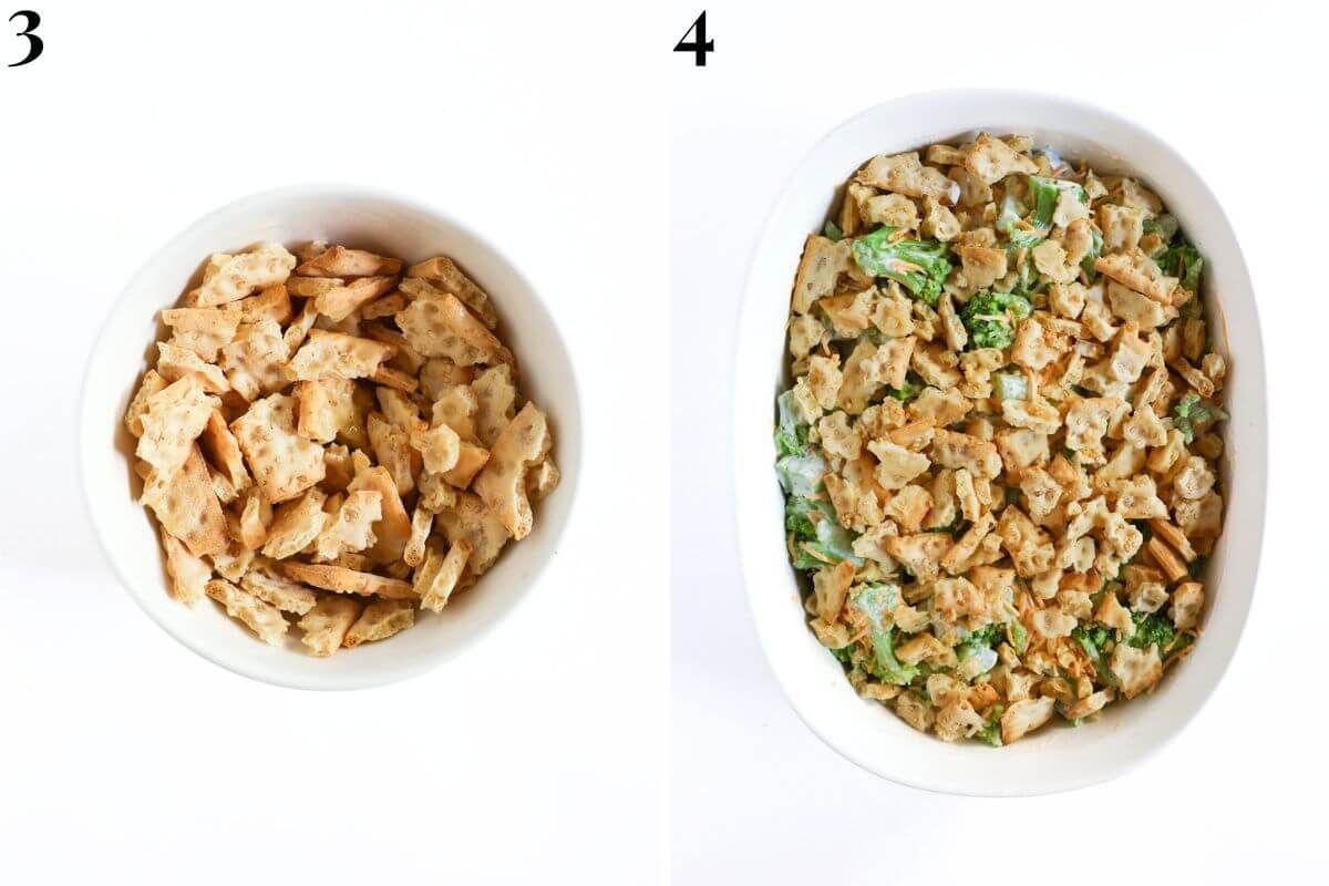 steps 3 and 4 crushing gluten-free crackers and topping casserole.