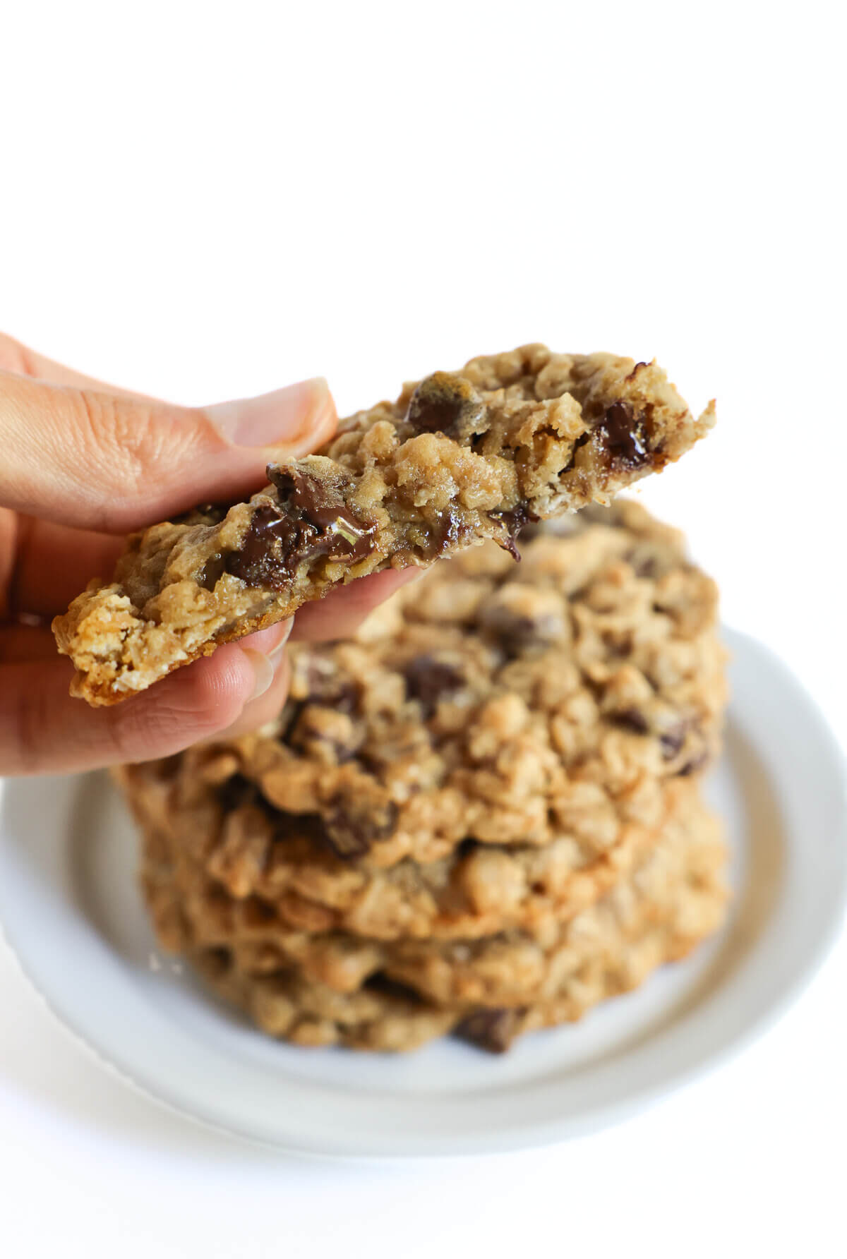 hand holding half of freshly baked oatmeal chocolate chip cookie.
