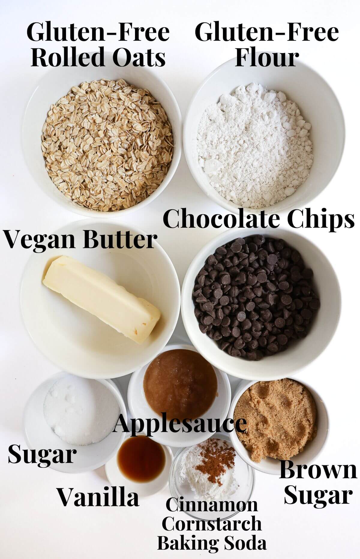 gluten-free vegan ingredients for oatmeal chocolate chip cookies.