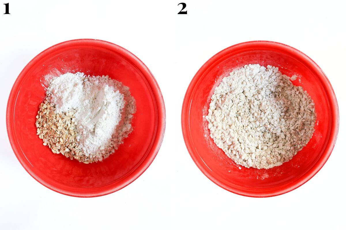 steps 1 and 2 mixing dry ingredients for oatmeal chocolate chip cookies.