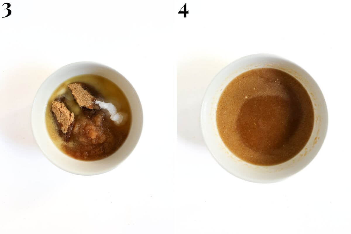 steps 3 and 4 mixing sugars into melted vegan butter.