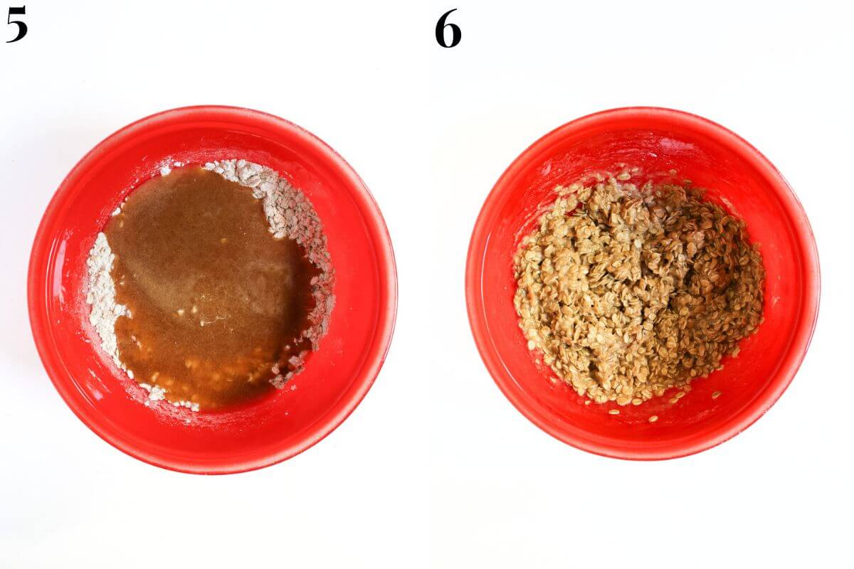 steps 5 and 6 pouring liquid ingredients into dry ingredient bowl.