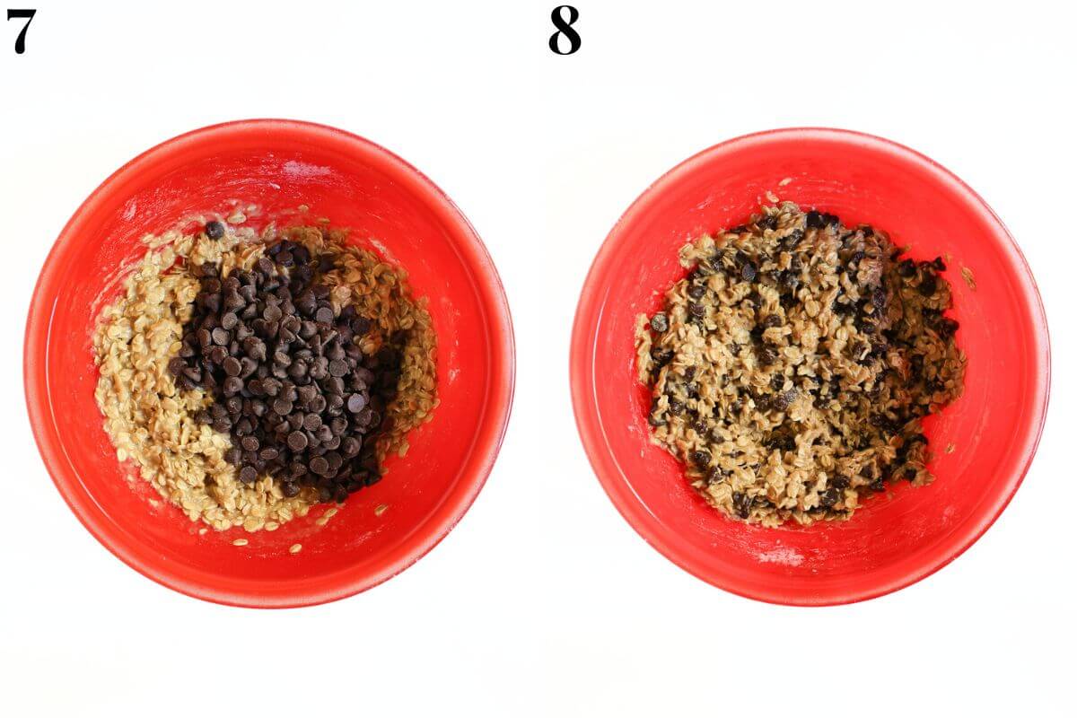 steps 7 and 8 adding chocolate chips to oatmeal cookie batter.