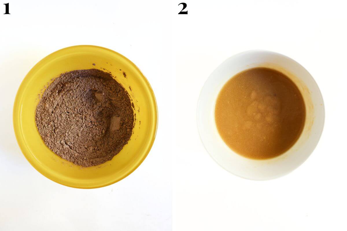 steps 1 and 2 whisking dry brownie ingredients and making hot butter mixture.