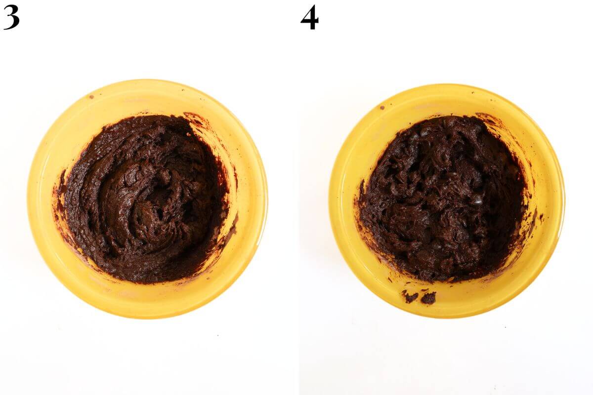steps 3 and 4 adding hot butter mixture to dry brownie ingredients and mixing batter with chocolate chips.