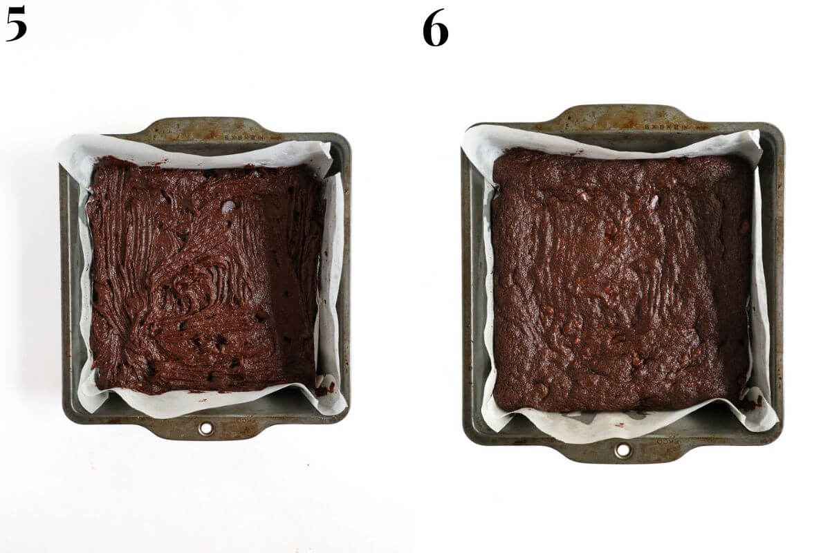 steps 5 and 6 pouring brownie batter into pan and baking in oven.