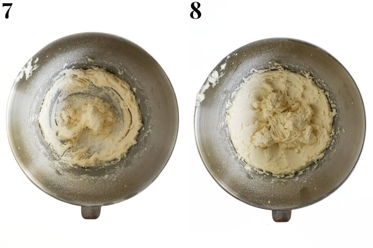 steps 7 and 8 making vegan white chocolate frosting in stand mixer.