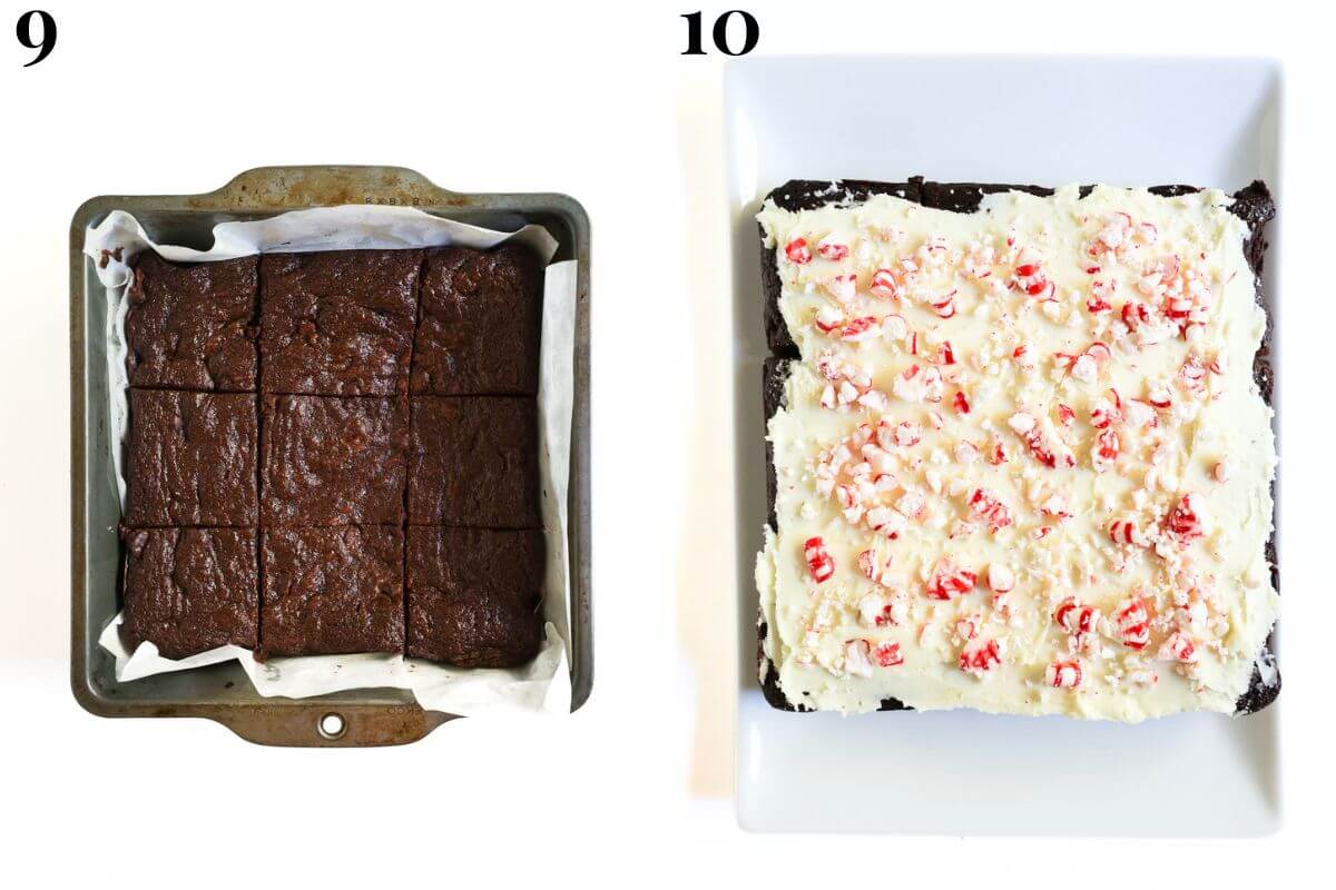 steps 9 and 10 slicing brownies in pan before frosting them.