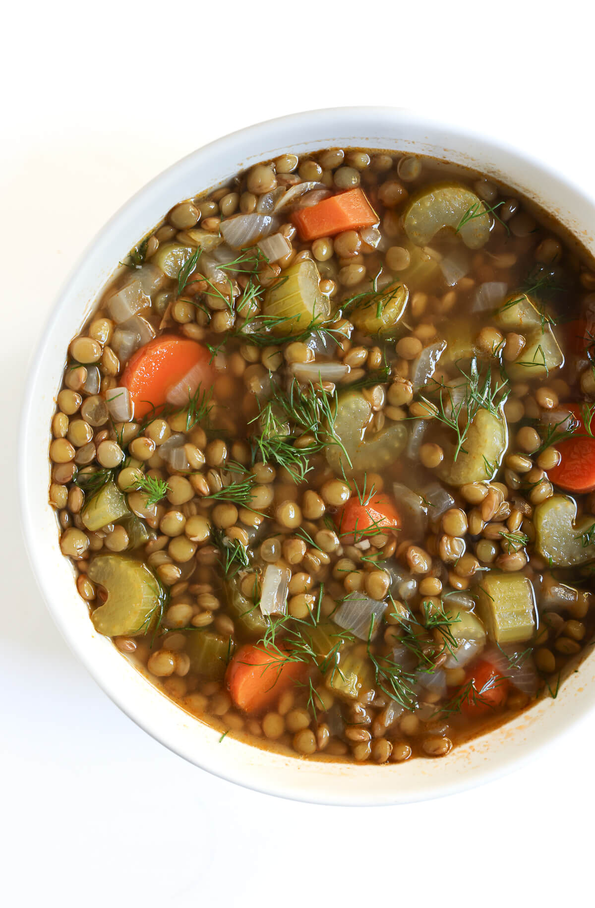 left side of finished bowl of vegan lentil soup.