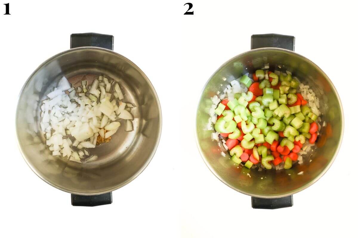 steps 1 and 2 sautéing aromatics and veggies for lentil soup.