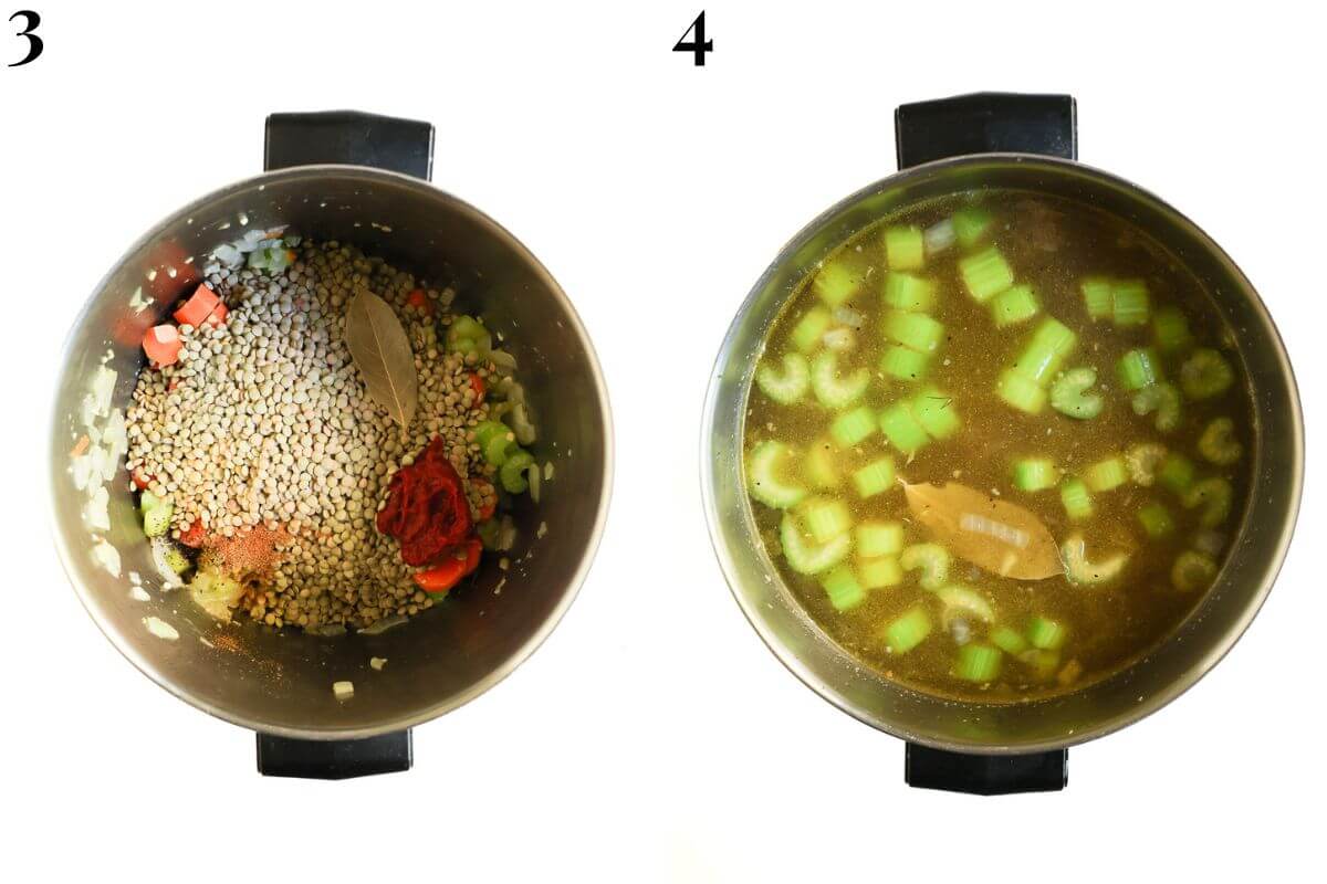 steps 3 and 4 adding lentils and seasonings to soup pot before pouring in broth.