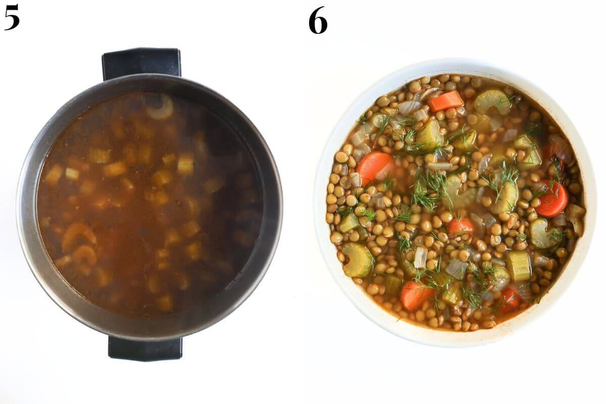 steps 5 and 6 adding final touches to lentil soup and serving in bowls.