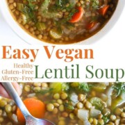 collage image of easy vegan lentil soup.