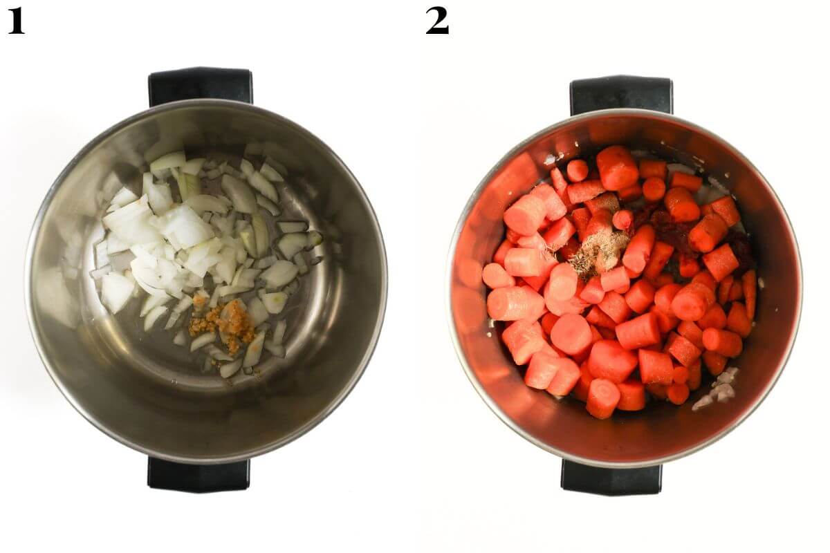 steps 1 and 2 sautéing veggies for thai carrot soup.