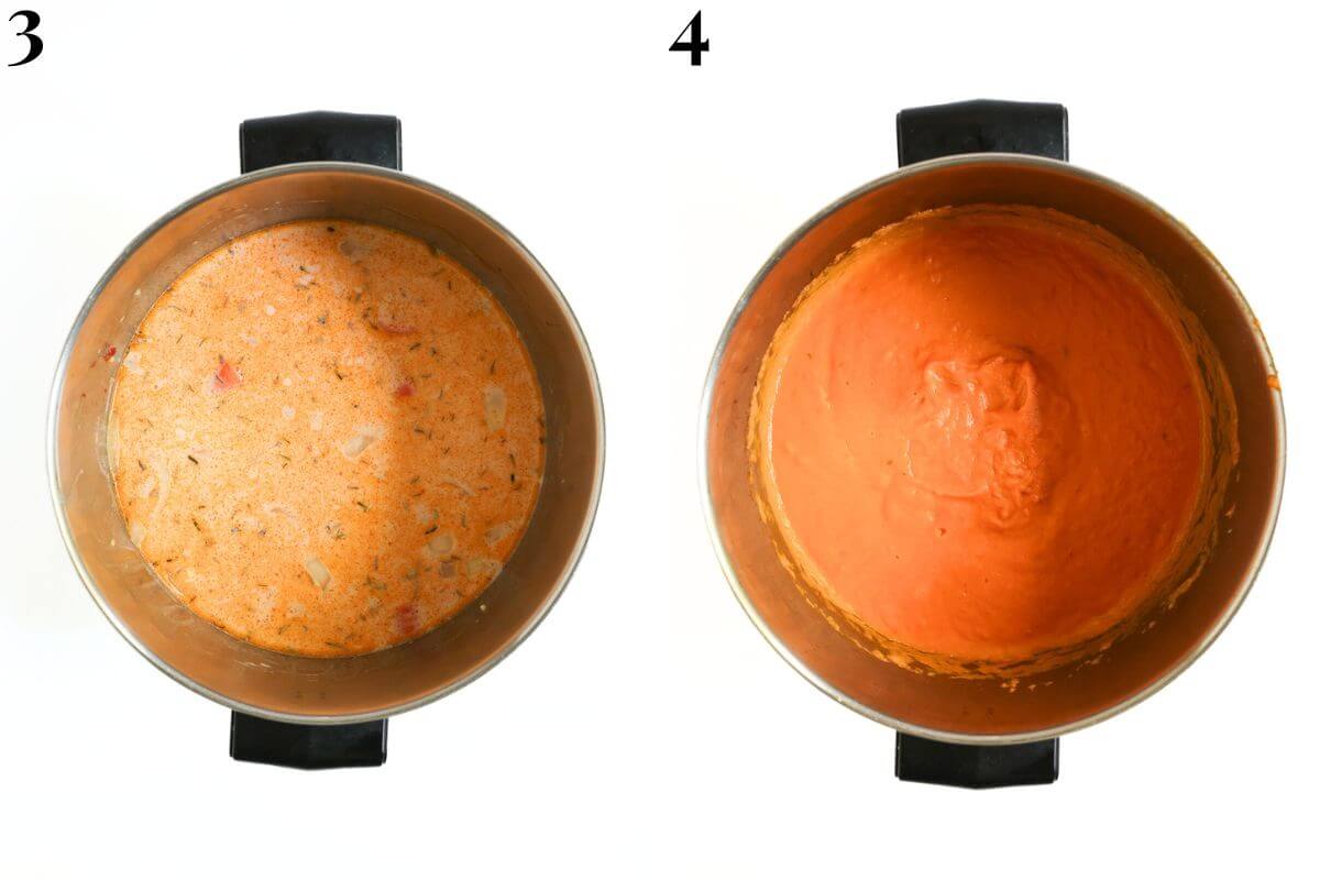 steps 3 and 4 adding coconut milk and broth to thai carrot soup and blending.