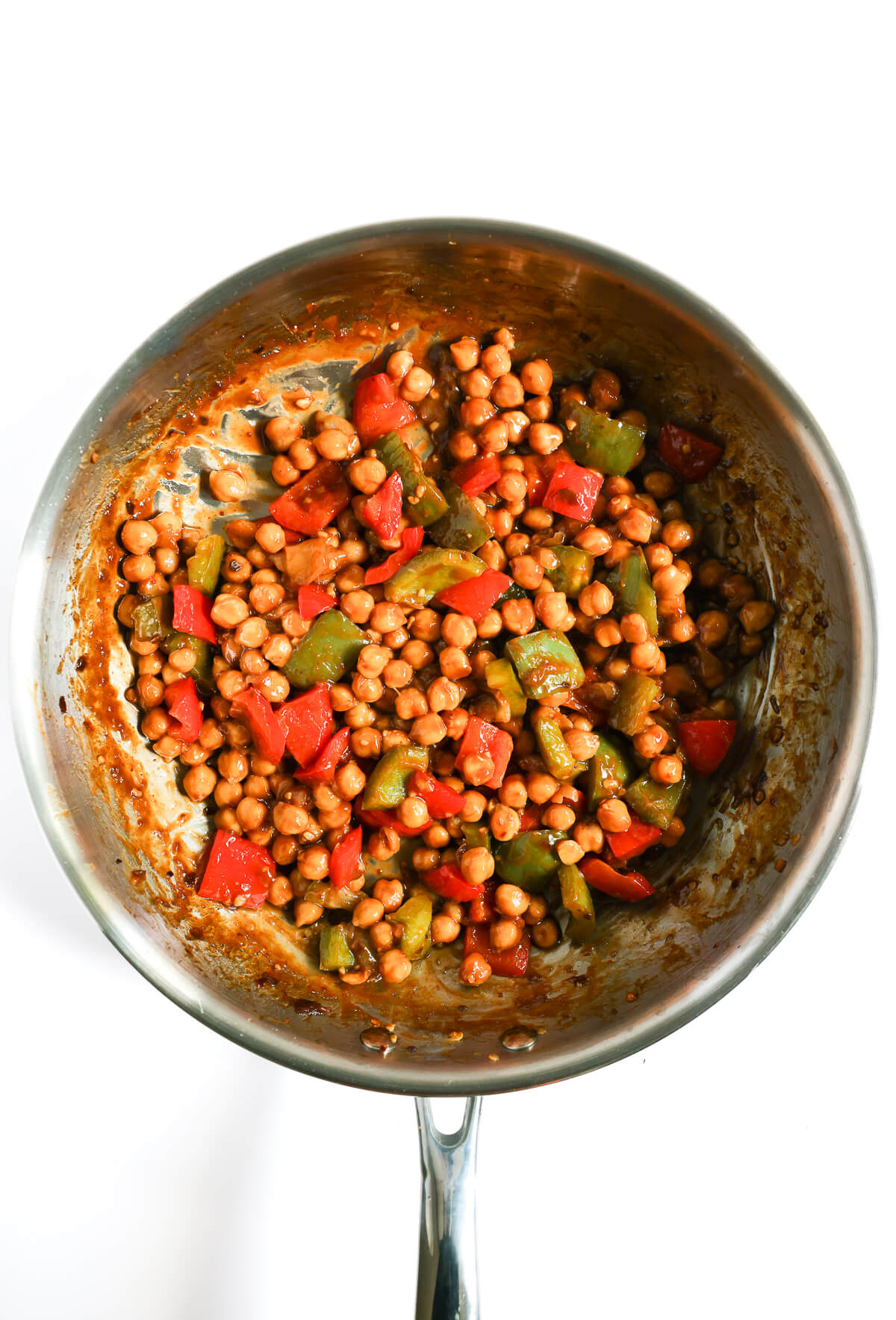 finished one-pan skillet with kung pao chickpeas to serve.