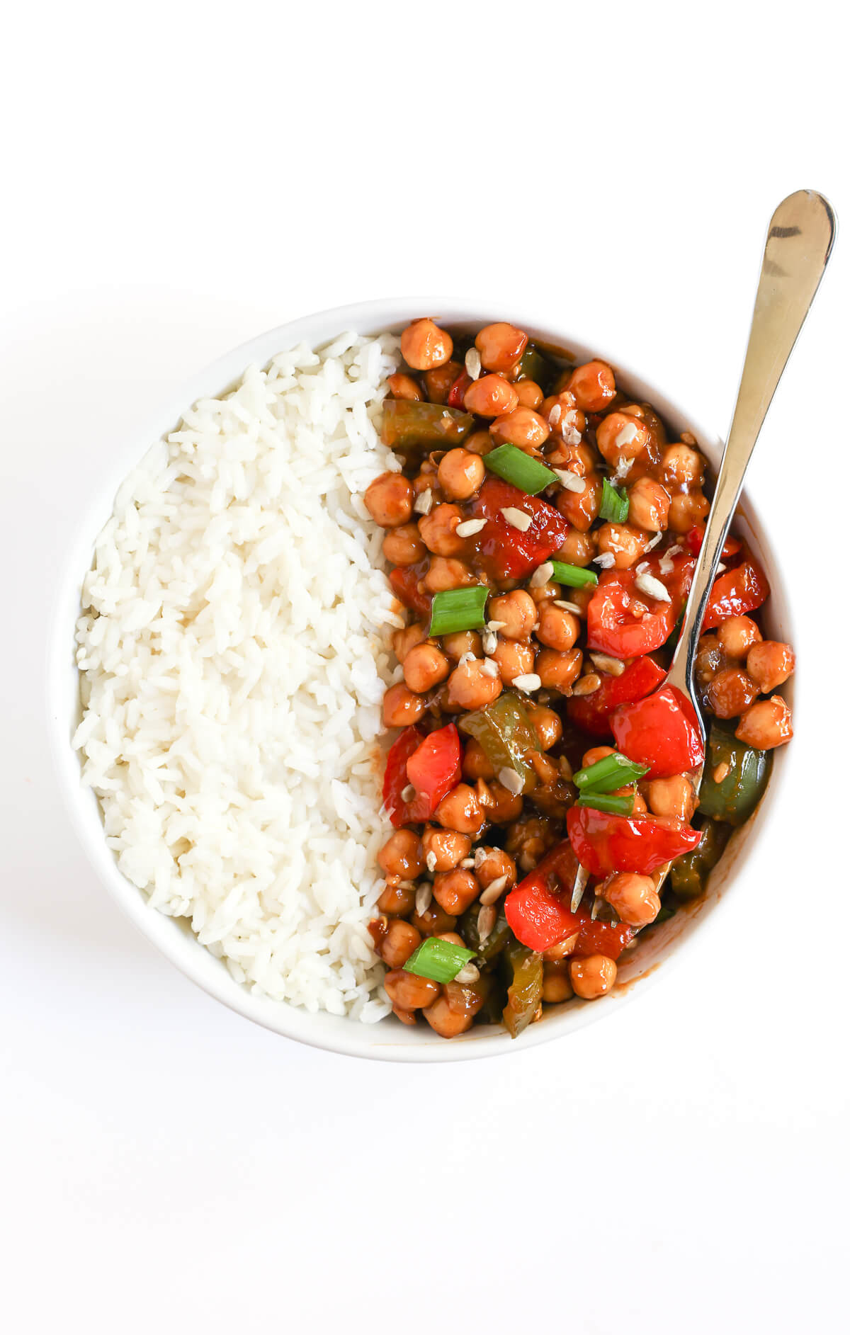 kung pao chickpeas with forkful.
