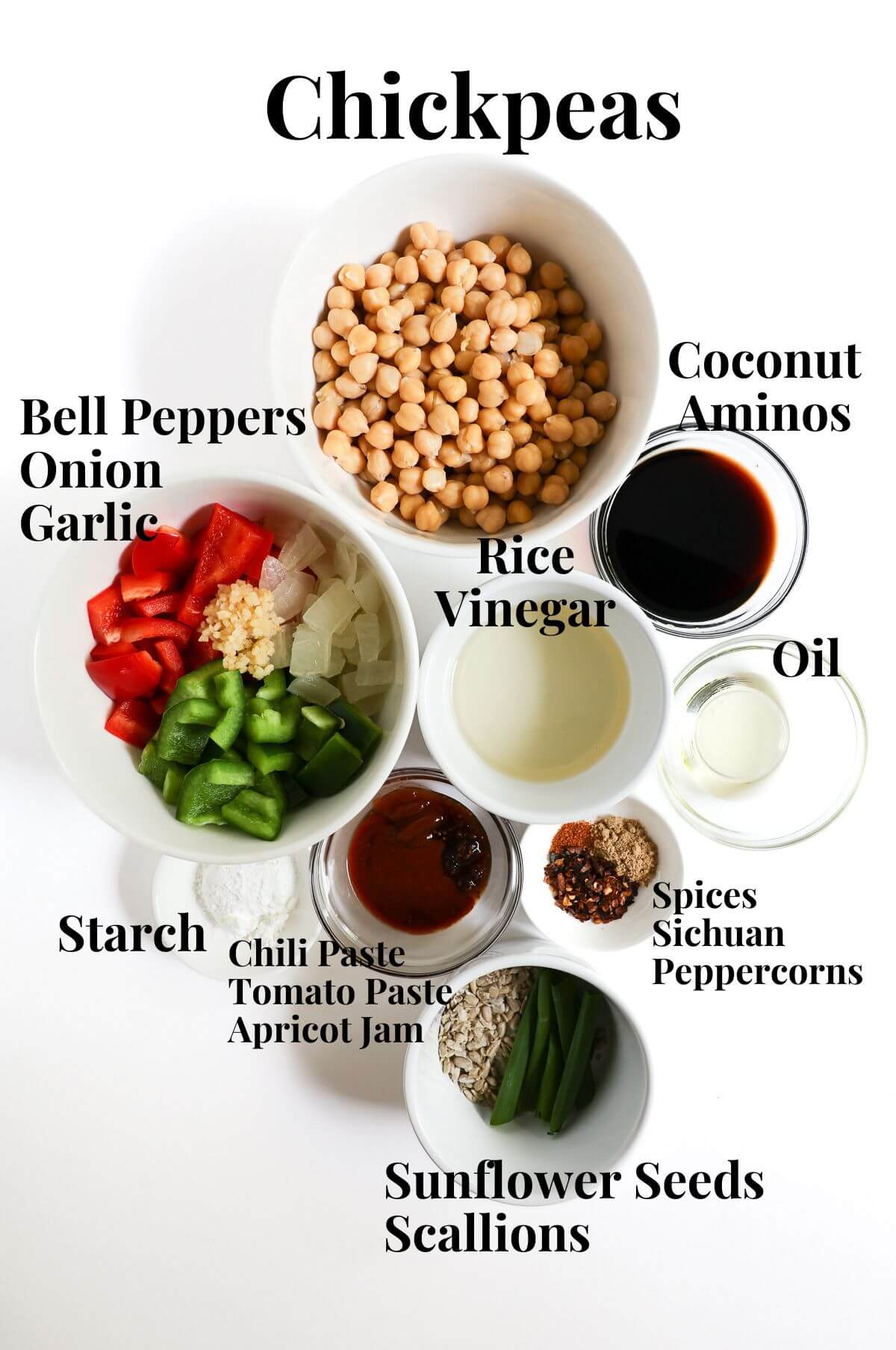ingredients for vegan kung pao chickpeas.