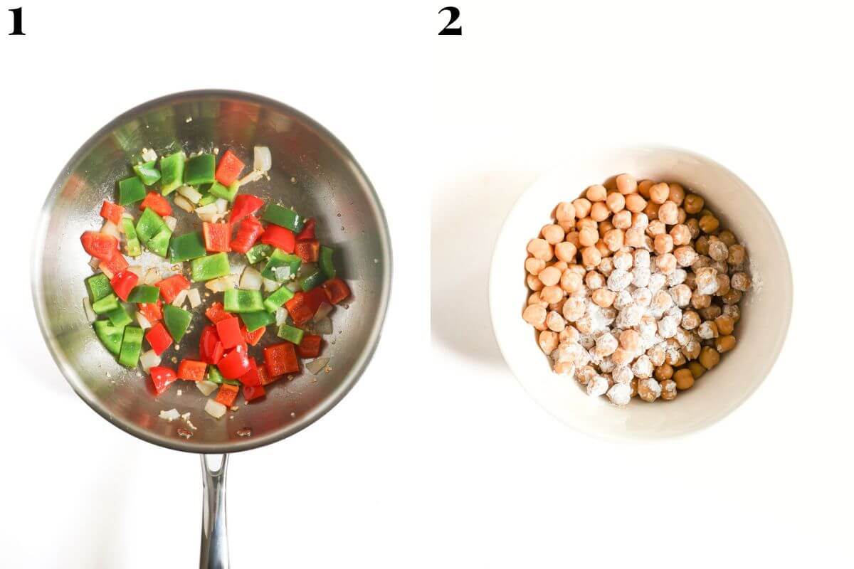 steps 1 and 2 sautéing veggies and coating chickpeas in starch.