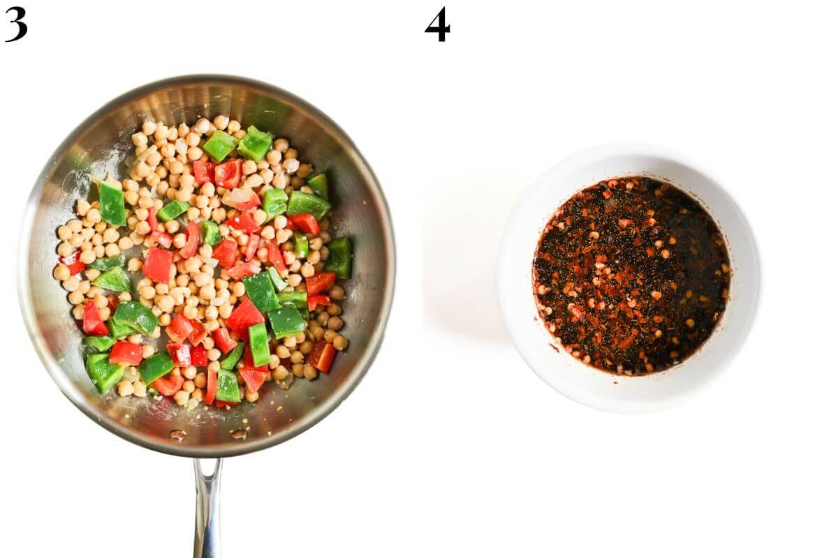 steps 3 and 4 adding chickpeas to veggies and mixing kung pao sauce.