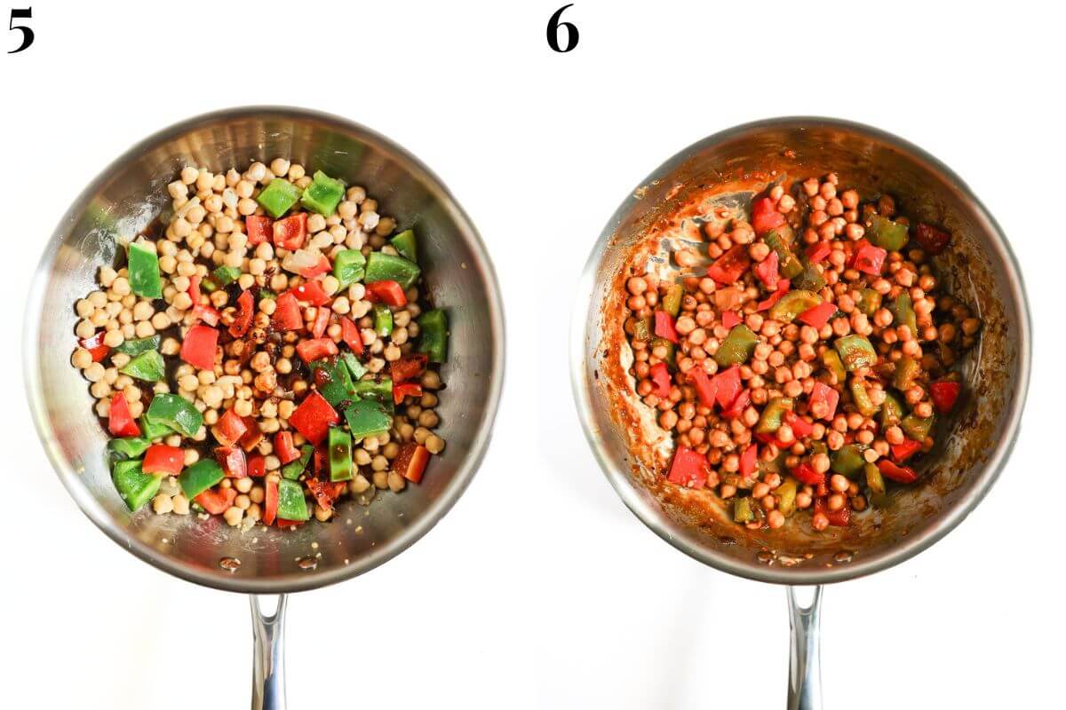 steps 5 and 6 adding the kung pao sauce to the pan and cooking until thickened.