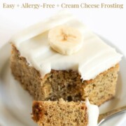 gluten-free vegan banana cake with cream cheese frosting and image text.