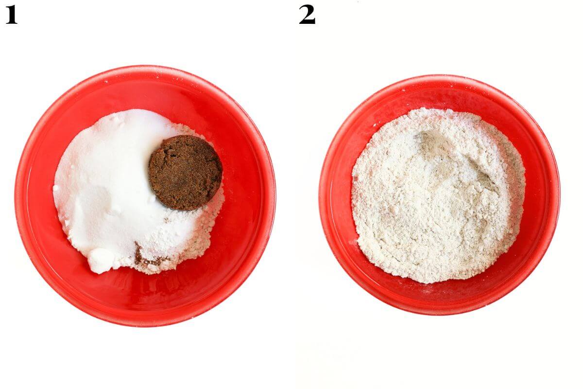steps 1 and 2 mixing dry ingredients for gluten-free banana cake.