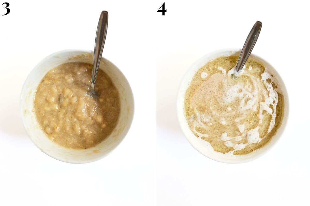 steps 3 and 4 mashing bananas and mixing wet ingredients together.