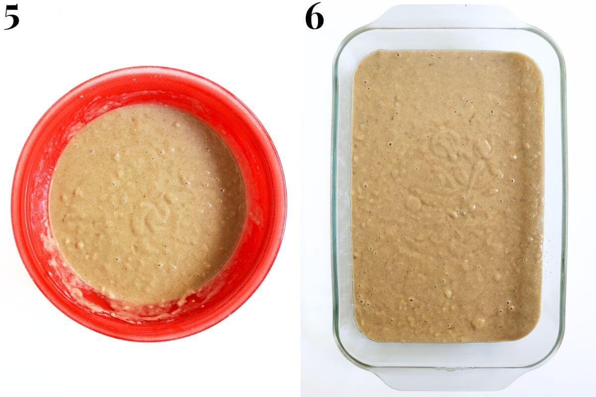 steps 5 and 6 adding wet ingredients to dry and pouring banana cake batter into pan.
