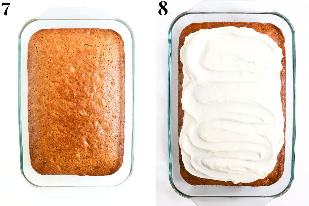 steps 7 and 8 baked gluten-free banana cake topped with vegan cream cheese frosting.
