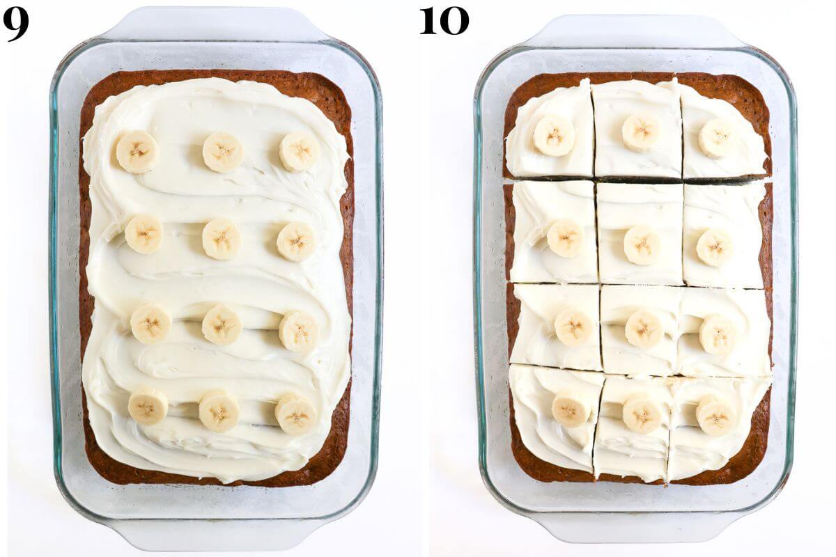 steps 9 and 10 adding banana slices and cutting vegan banana cake.