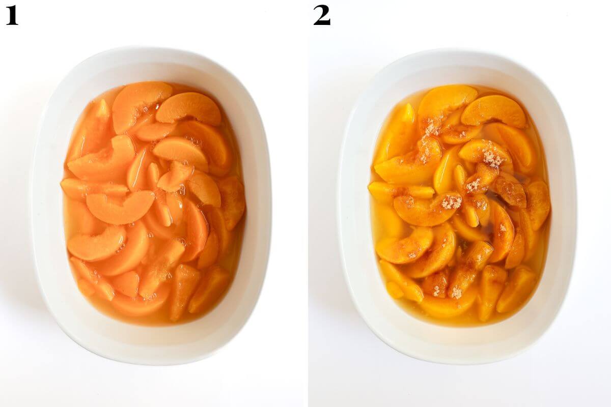 steps 1 and 2 making peach dump cake adding peaches and brown sugar.