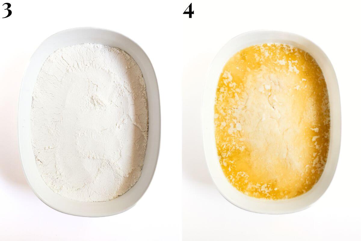 steps 3 and 4 making peach dump cake adding gluten-free cake mix and melted vegan butter.